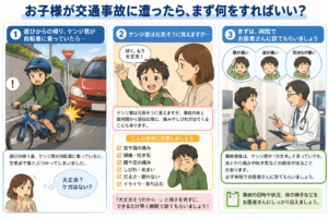子どもが交通事故に遭った後の対応を、事故・病院受診・遅れて現れる症状の流れで説明したイラスト