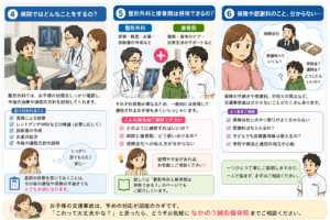 子どもの交通事故後、病院・接骨院・保険や慰謝料について解説する漫画