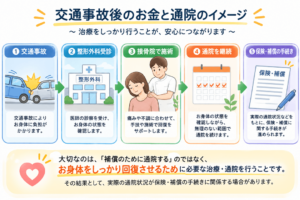 交通事故後の整形外科受診・接骨院通院から保険や補償の手続きまでの流れを示すイラスト